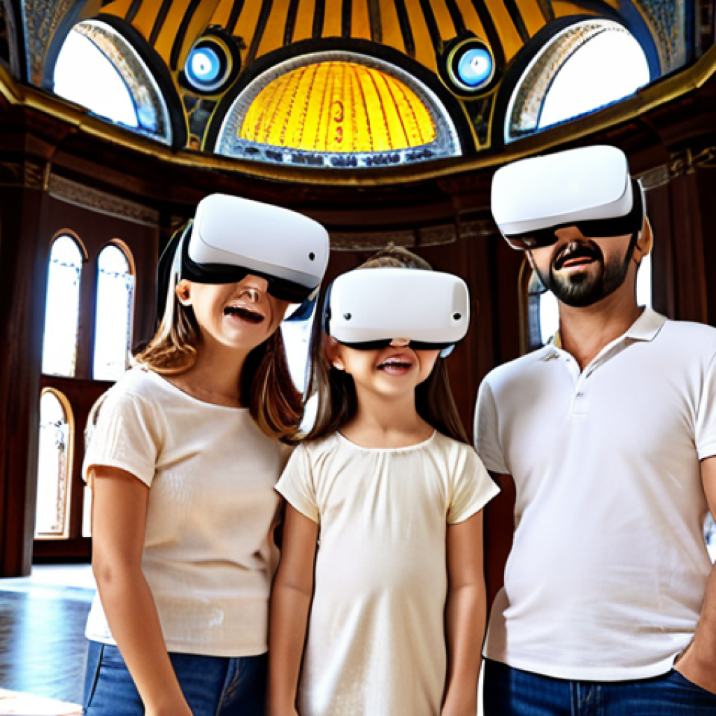 **Prompt:** A Turkish family wearing VR headsets, virtually exploring Hagia Sophia. Sunny day, happy expressions, modern living room.