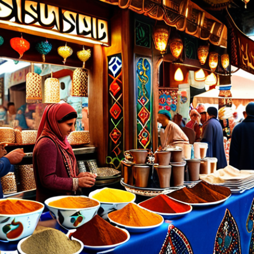 **

"A vibrant, bustling Turkish bazaar. Focus on the rich colors of textiles, spices, and handcrafted goods. Capture the energy and lively interactions of vendors and customers. Perhaps a التركية قهوة (Turkish coffee) stand in the background, adding to the atmosphere."

**