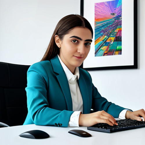 Home 21 A professional Turkish female digital artist in her late 20s, with a focused expression, seated at a modern desk in a brightly lit home office or co-working space. She is dressed in modest, modern professional attire, such as a stylish blazer over a collared shirt. Her hands are gently positioned on a keyboard or holding a stylus, engaged with a large monitor displaying vibrant, abstract digital art and creative software interfaces. The background features subtle modern Turkish design elements, implying a connection to culture amidst technological advancement.