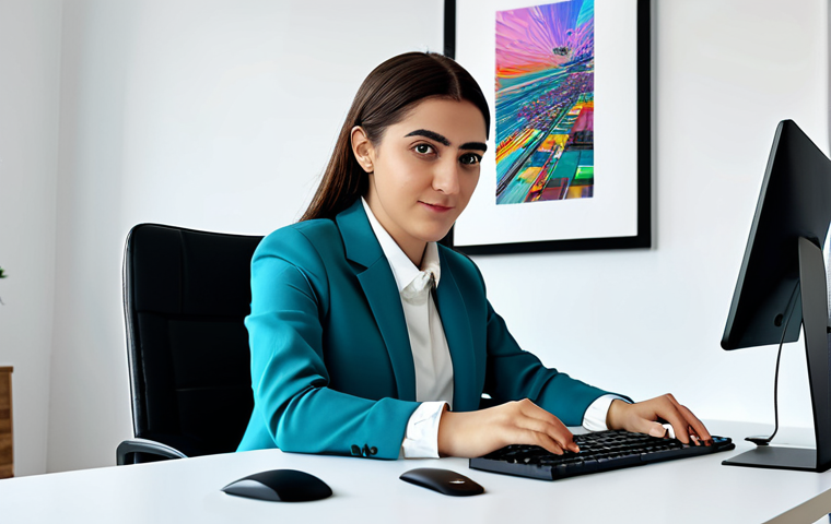 A professional Turkish female digital artist in her late 20s, with a focused expression, seated at a modern desk in a brightly lit home office or co-working space. She is dressed in modest, modern professional attire, such as a stylish blazer over a collared shirt. Her hands are gently positioned on a keyboard or holding a stylus, engaged with a large monitor displaying vibrant, abstract digital art and creative software interfaces. The background features subtle modern Turkish design elements, implying a connection to culture amidst technological advancement.