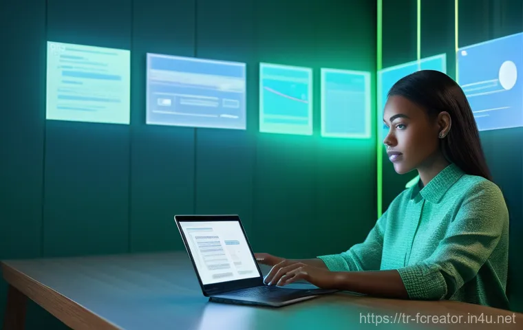 미래 크리에이터의 법적 이슈 - **Prompt:** A diverse, confident young woman in her late twenties, dressed in a tasteful, modern out...