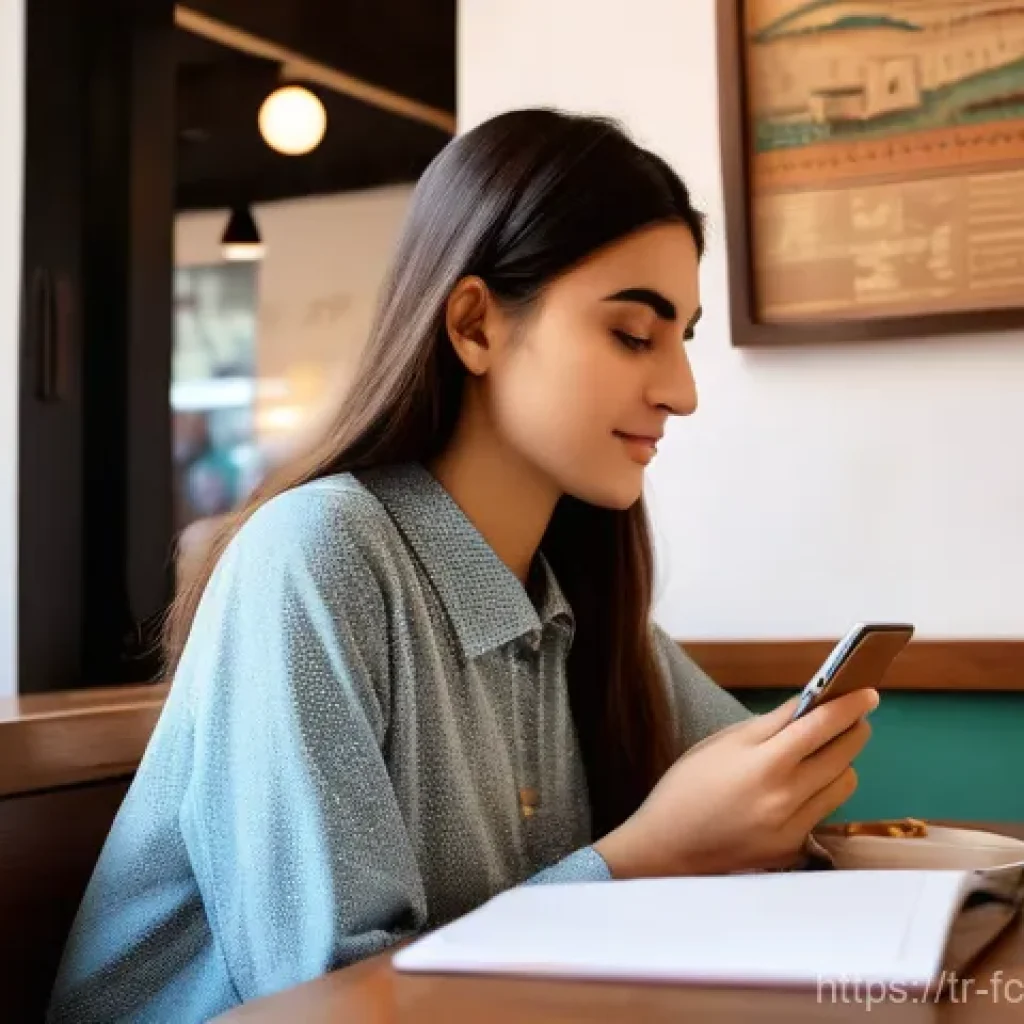 디지털 커뮤니케이션 전략 - **Prompt:** A warm and inviting scene inside a contemporary Turkish cafe. A young woman, approximate...