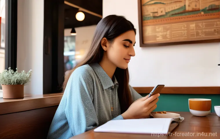 디지털 커뮤니케이션 전략 - **Prompt:** A warm and inviting scene inside a contemporary Turkish cafe. A young woman, approximate...